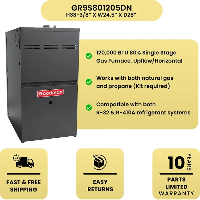 Goodman 120,000 BTU 80% Single Stage Gas Furnace, Upflow/Horizontal