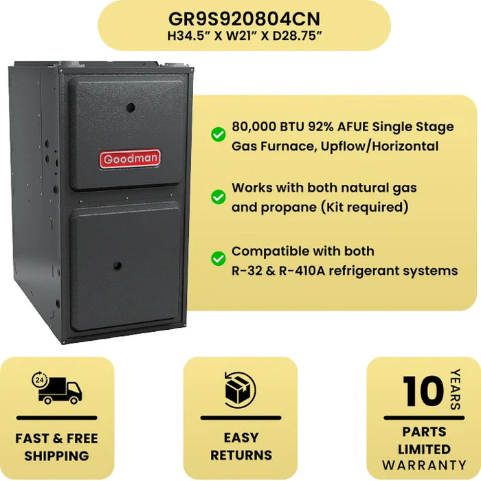80,000 BTU 92% AFUE Single Stage Goodman Gas Furnace, Upflow/Horizontal