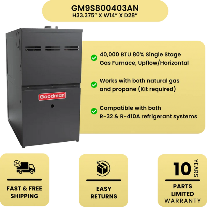 Goodman 1.5 Ton AC + 40K BTU Furnace Bundle | 14 SEER2 | 80% AFUE | R-32 | Upflow
